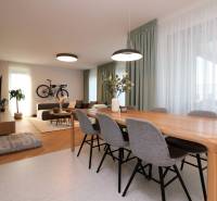 Dining table and living room in a 4-room apartment with a bicycle on the wall.