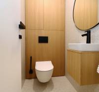 A toilet with a wooden decor floor and a modern sink in a 4-room apartment.