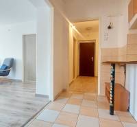 Kitchen with living room, white walls, wood-patterned floor, 2-room apartment.