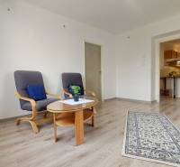 Living room in a two-room apartment with a wooden decor floor and comfortable armchairs.