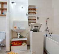 Bathroom in a 2-room apartment with a shower, washing machine, toilet, and sink.
