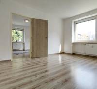Two-room apartment with wood-patterned flooring, large window, and white walls.