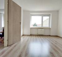 Interior of a 2-room apartment with a wooden decor floor and light walls.
