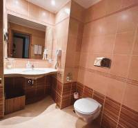 Bathroom in a studio apartment with tiled floor and beige walls.