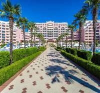 Pink resort in Sunny Beach with palm trees and pools in an exterior photograph.