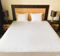 A bed with two nightstands and lamps, a studio apartment.