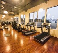 Gym with treadmills, elliptical trainers, and a floor with a wooden design.
