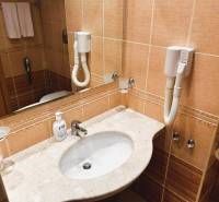 Bathroom in a studio apartment with a sink, hairdryer, marble countertop, and mirror.