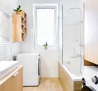 Bathroom in a 3-room apartment with a bathtub, washing machine, and floor with wooden decor.