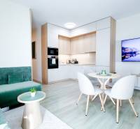 Living area of a 3-room apartment with a wooden decor floor and a green sofa.