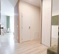 Entrance hallway with wood-patterned flooring and a dining nook in a 3-room apartment.
