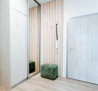 A hallway in a 3-room apartment with a wooden decor floor, coat racks, and a mirrored wardrobe.