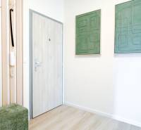 Entrance hallway in a 3-room apartment with a wood-patterned floor and green paintings.