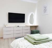 Bedroom with a TV, mirror, and dresser in a 3-room apartment, floor with a wooden decor.
