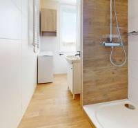 A bathroom with a wooden decor floor, with a shower and a washing machine in a studio apartment.