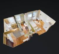 3D visualization of a one-room apartment with a wood-patterned floor.