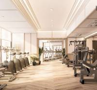 Indoor gym with wood-patterned flooring and fitness equipment in an apartment development.