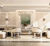 Luxury interior with marble details and comfortable seating. Apartment construction.
