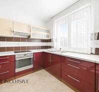 A kitchen in a family house with red cabinets and appliances.