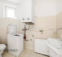 A bathroom in a family house with a tank, washing machine, and sink.