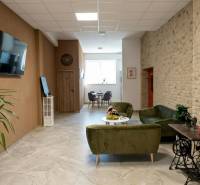 Offices with comfortable seating, a plant, and a television, floor with wood decor.