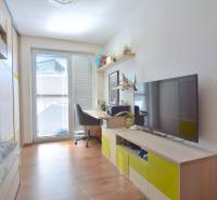 A room with a wooden floor, a desk, and a television in a three-room apartment.