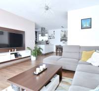 Living room in a 3-room apartment with a wooden decor floor and a gray sofa.