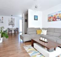 Living room in a 3-room apartment with a sofa, decorations, and a wooden-patterned floor.