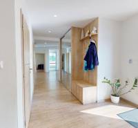 The entrance hall of a family house with a shoe cabinet, mirror, and floor with a wooden decor.