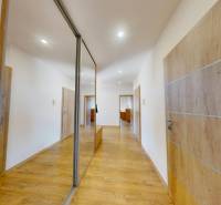 A hallway in a family house with a wooden decor floor and a mirrored wardrobe.