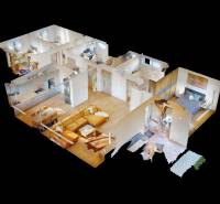3D model of an interior with wood decor flooring in a family house.