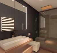 Bathroom with a glass shower enclosure and a floor with a wooden decor. Unique properties.