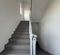 Hallway with staircase in Special Properties, gray stairs, white walls, railing.