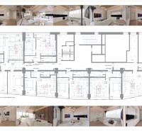 Interior with white seating, wood-decorated flooring, floor plan. Unique properties.