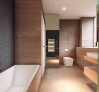 A bathroom with walls and floor with a wood decor, in Unusual Properties.