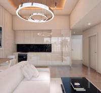 Interior with stylish lighting, wooden decor flooring, and artistic paintings.