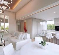 Interior of Special Properties with a light sofa, modern lighting, and floral decoration.