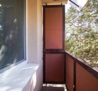 Balcony of a 2-room apartment with a view of greenery, railing, window.