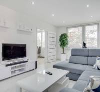 Living room in a two-room apartment with a TV, gray sofa, and white furniture.