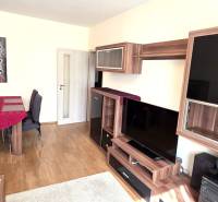 Living room in a 3-room apartment with furniture and flooring in a wood decor.