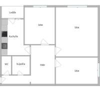 The floor plan of a 3-room apartment includes a kitchen, a bathroom, a toilet, and three rooms.