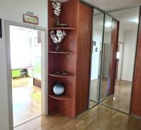 A hallway in a 3-room apartment with a wooden decor floor and a built-in wardrobe.