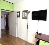 Interior of a 3-room apartment with wood-patterned flooring, green storage cabinets.