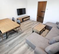 Living room in a 3-room apartment with a wooden decor floor, sofa, and TV.