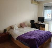 Bedroom in a 3-room apartment with a bed, a work corner, and a wooden decor floor.