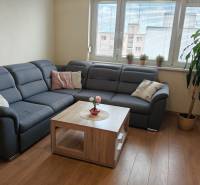 Living room in a 3-room apartment with a corner sofa and a wooden decor floor.