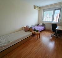 A room in a 3-room apartment with two beds, a work desk, and a floor with a wooden decor.
