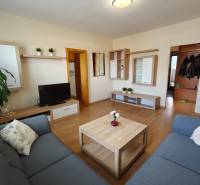 A bright living room with a sofa and wood-patterned flooring in a 3-room apartment.