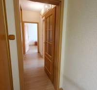 A hallway with doors and a floor with wooden decor in a 3-room apartment.