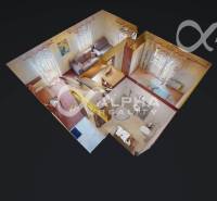 3D floor plan of a 2-room apartment with furniture and a bathroom with a toilet.